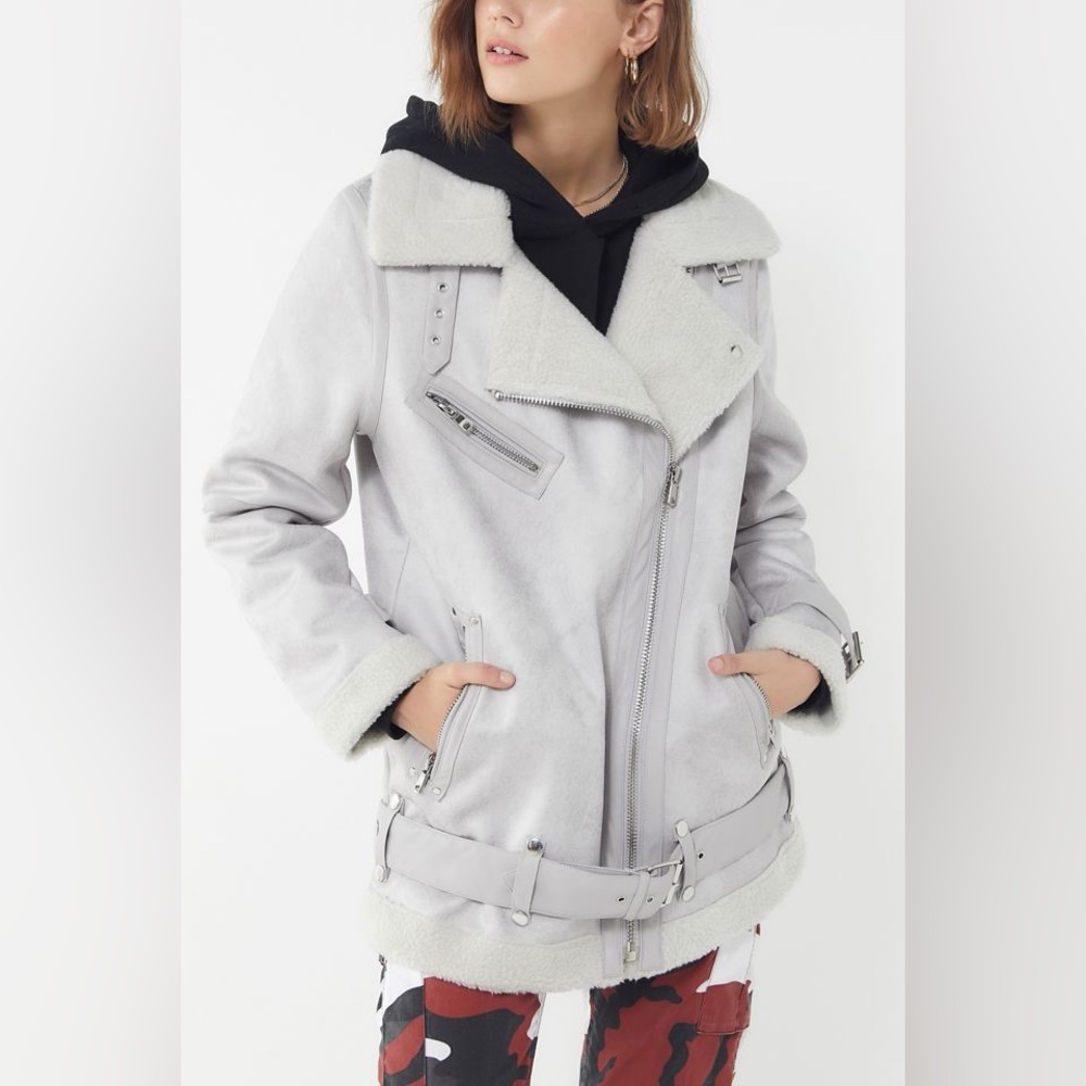 NWT UO Oversized Faux Leather Aviator Jacket Grey
